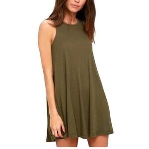 FREE PEOPLE BEACH Small LA Nite Olive Green Ribbed Knit Swing Tank Dress Beach
